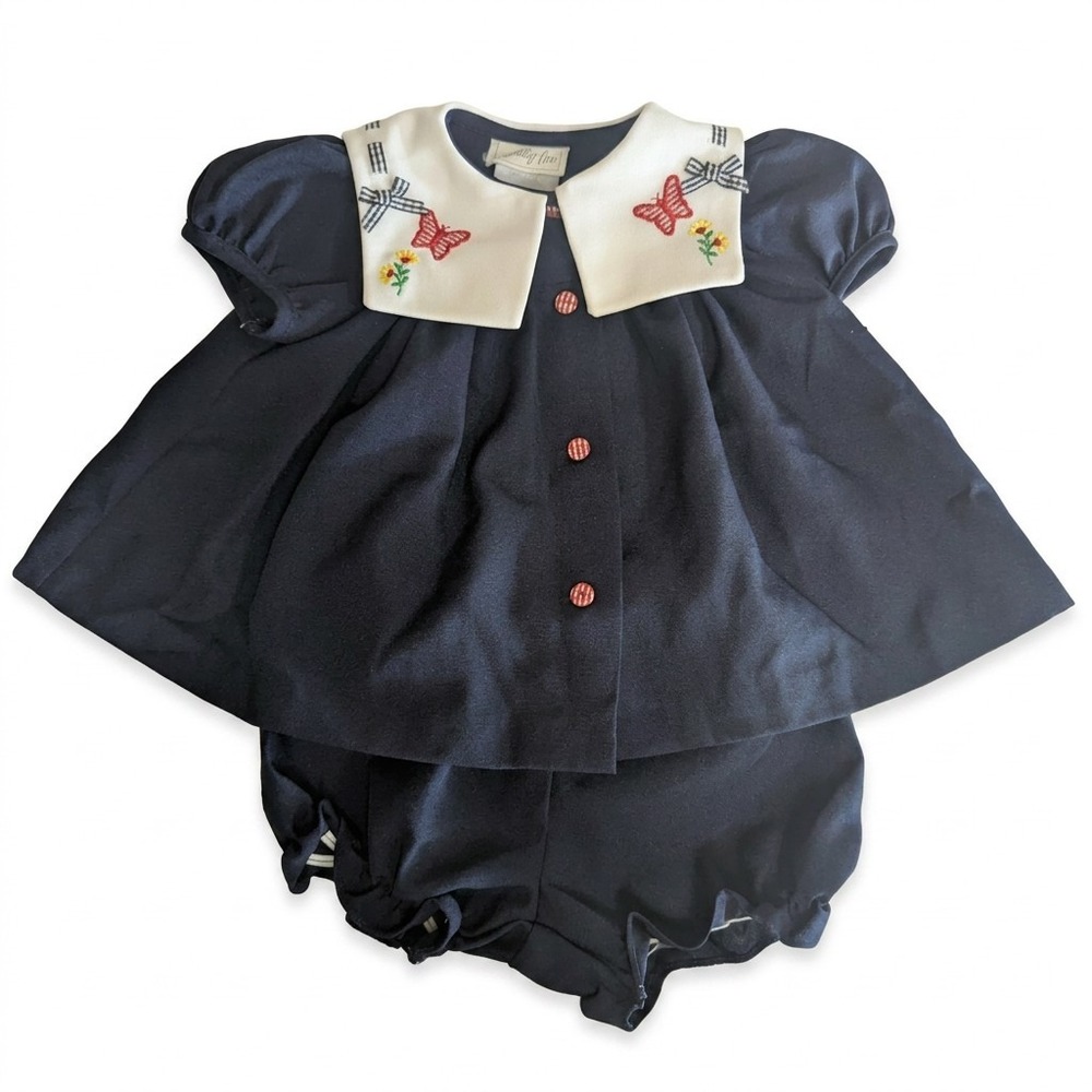 Vintage Ashley Anne Dress with Bloomers, Navy Blue Peter Pan Collar, 6-9 Months